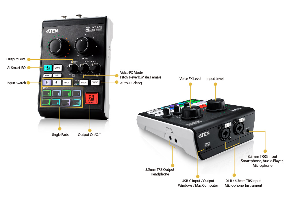 Podcast AI Audio Mixer, MicLIVE™ 6-CH - UC8000, ATEN Capture