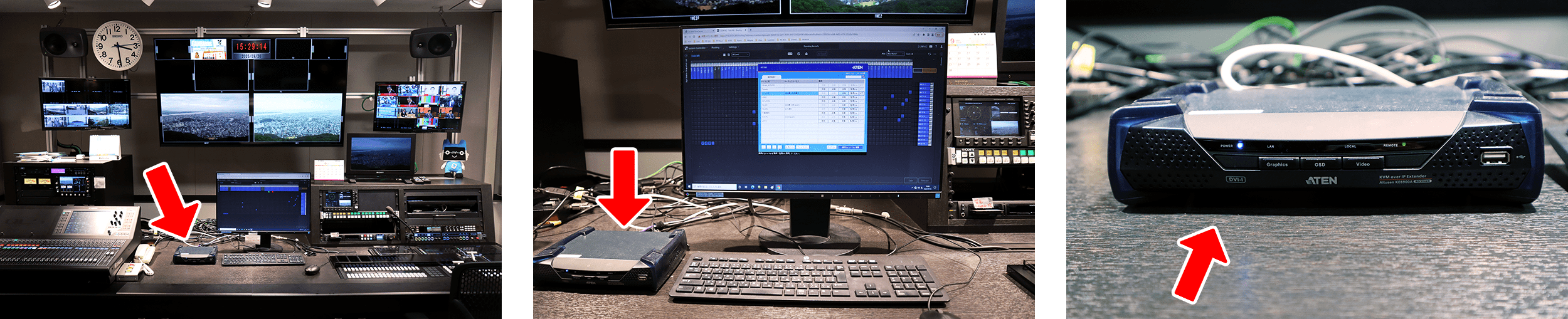 サブ内。画面中央のモニター横にATENの延長機「KE6900」の受信機がある。